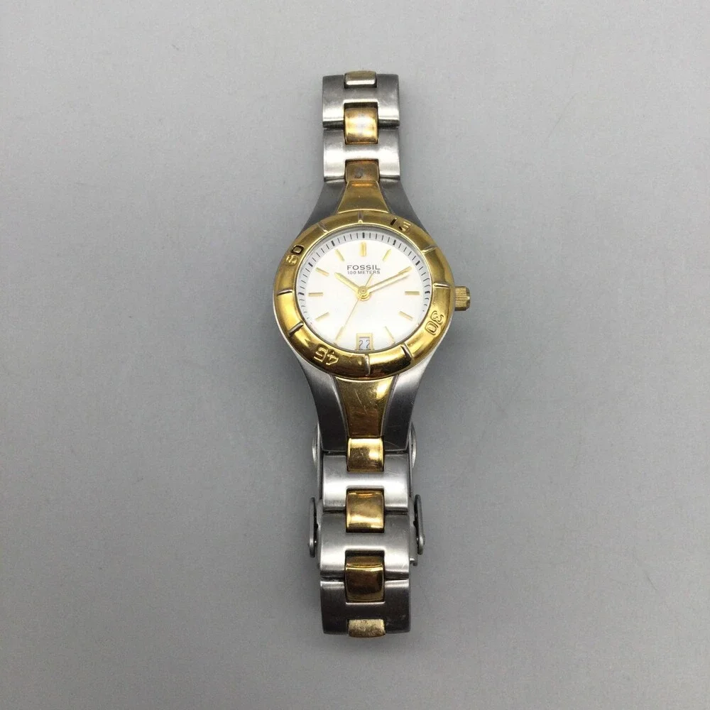 Fossil Blue 100M Womens Watch 25mm White Dial Two Tone Date New Battery 6.25